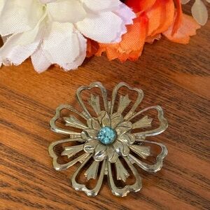 Vintage Flower Brooch with Aqua Glass Stone